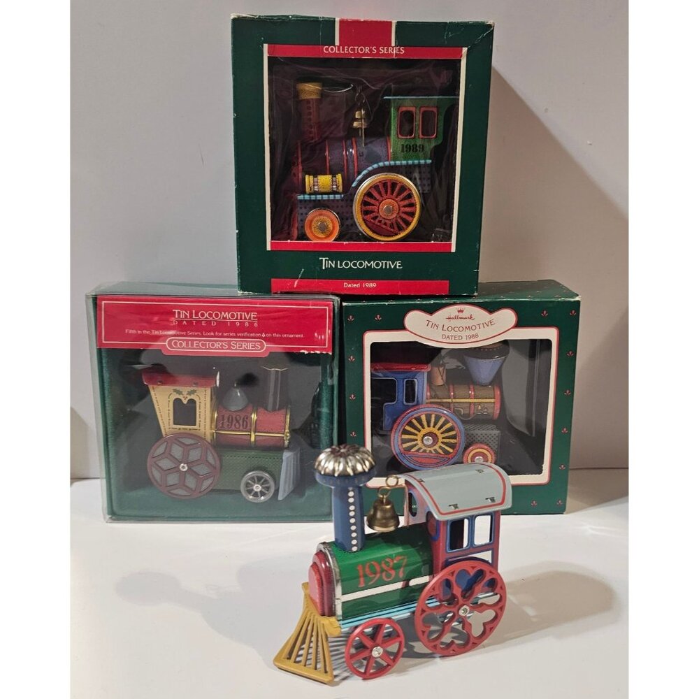 Five Tin Locomotive Ornaments Hallmark Collectors Series 1986 1987 1988 1989